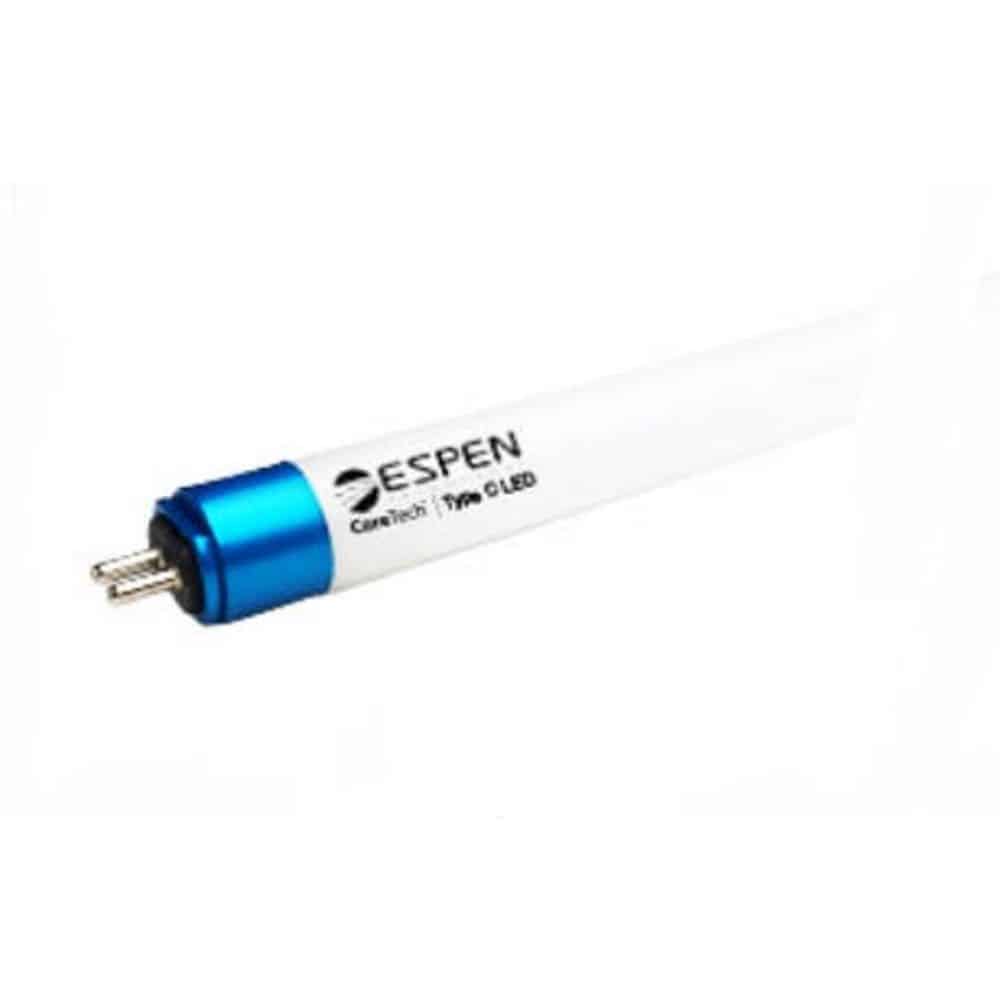 Fluorescent tube light replacement with a blue end cap and the Espen Commercial Grade LED Lamp L48T5/840/24G-XT logo on it.