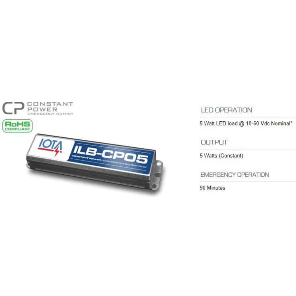 An Iota LED emergency driver ILB-CP05-A for constant power output, compatible with a 5 watt led load and provides 90 minutes of emergency operation.