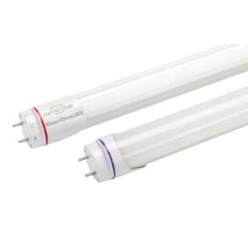 Two Keystone Dimmable T8 LED Lamps KT-LED18T8-48P-840-VDIM against a white background, one with red label and end caps, the other with a purple label and end caps.