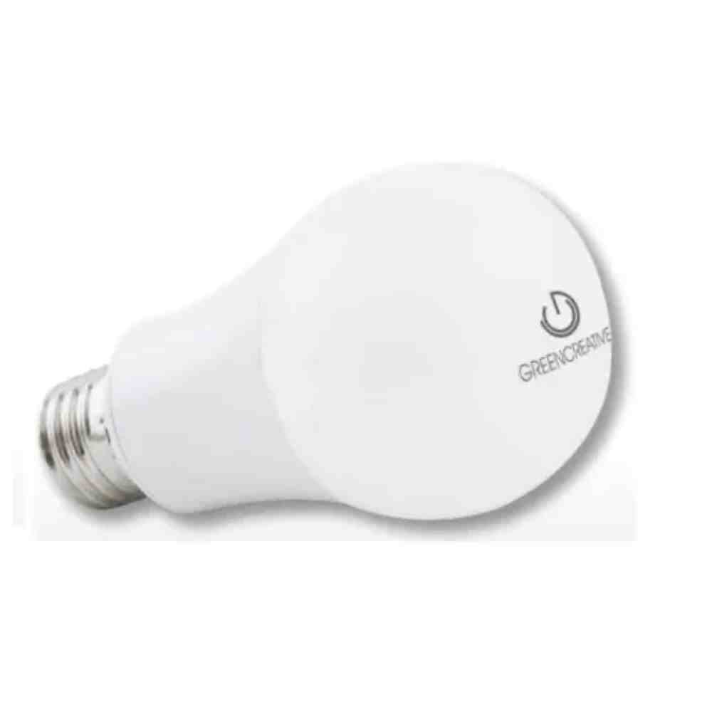 A White Green Creative LED Bulb 10A19DIM/840 with a power symbol and the text "green creative" on it, displayed against a plain background.