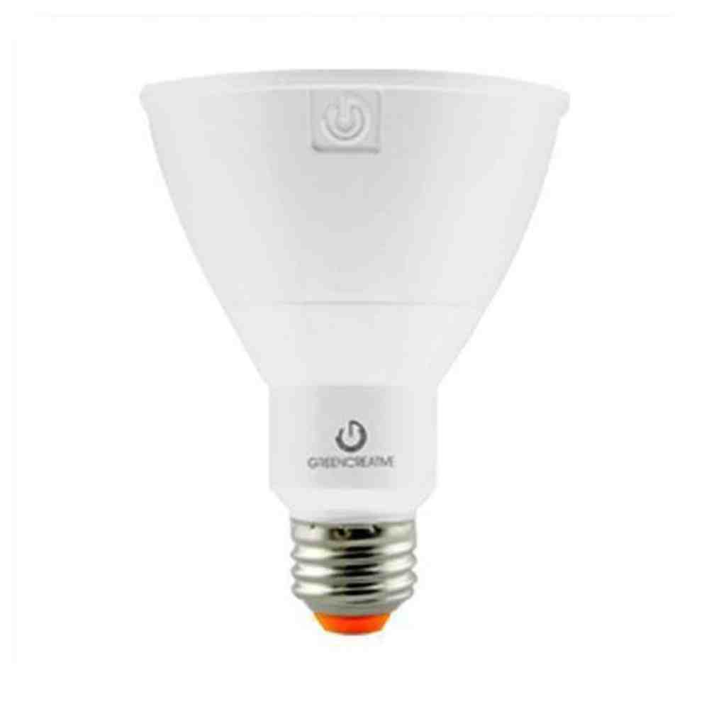 An Green Creative Titanium Crisp LED 13PAR30DIM/940FL40 with a wide-angle floodlight shape, featuring a power button symbol on the side, isolated on a white background.