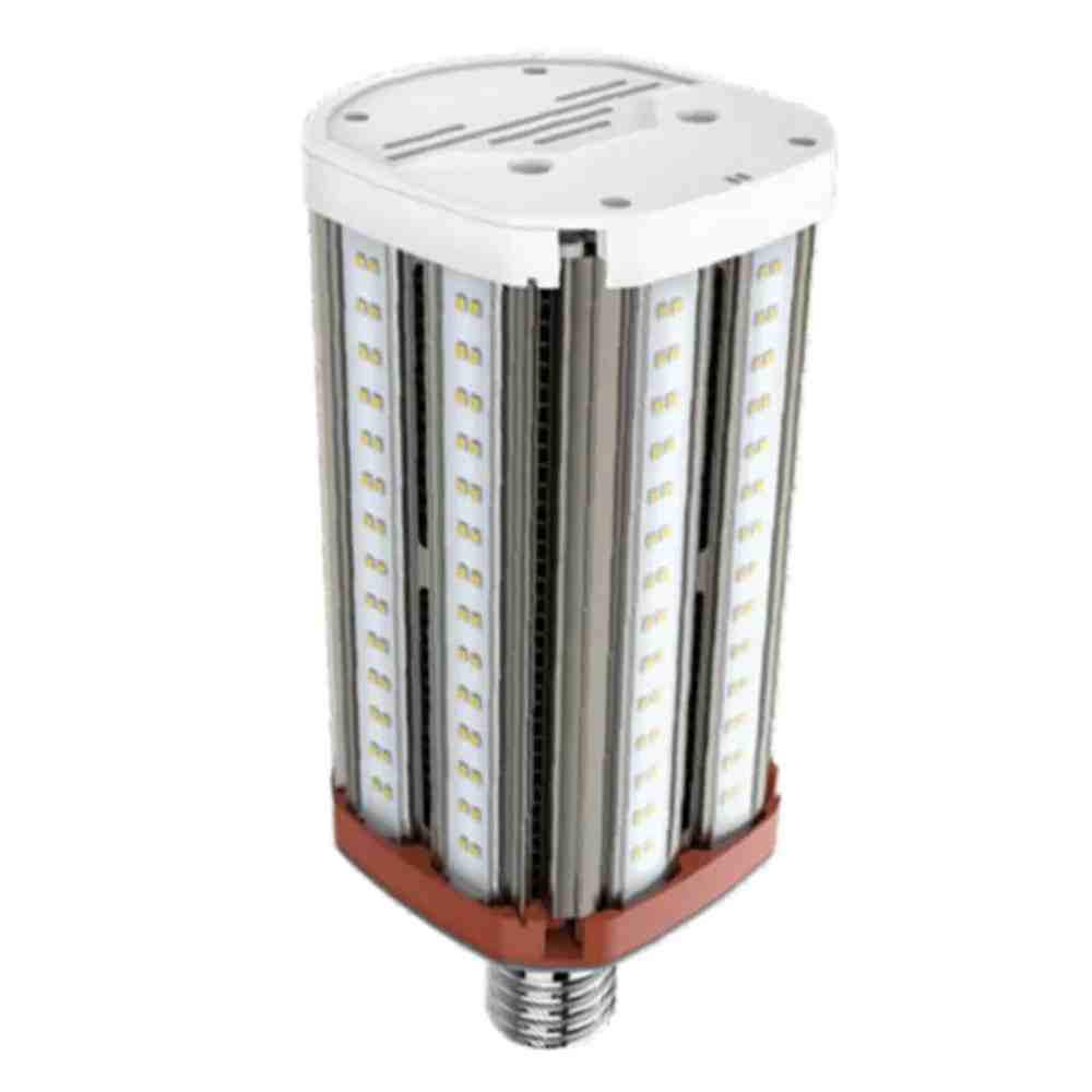 An Keystone HID Replacement LED Lamp KT-LED80HID-H-EX39-850-D with a large array of light-emitting diodes arranged in vertical strips around a central column, featuring a metal screw base for installation.