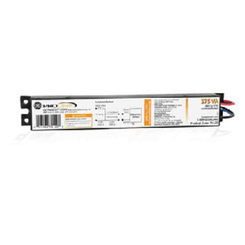 GE Linear Fluorescent GETR480-277-375W ballast with product information and electrical specifications displayed on the label.