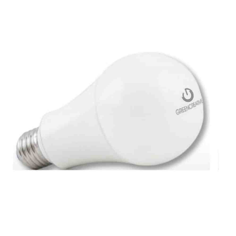 A Green Creative LED Bulb 14A21DIM/840 with a white base and a metallic screw cap, isolated on a white background.