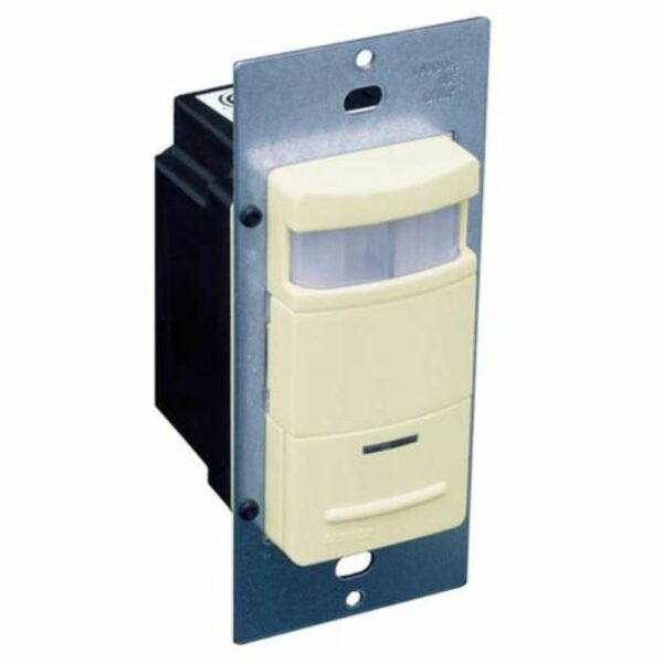 A Leviton Volt Wall Switch Occupancy Sensor ODS10-IDW with a cream cover mounted on a metal bracket.
