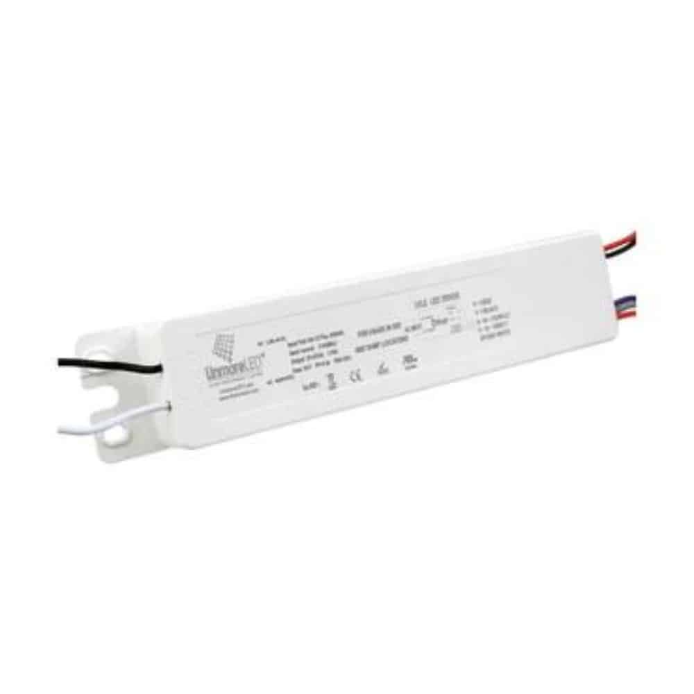 A white, rectangular Linmore LED Driver LL-DR-88W-T2-DIM with wiring on both ends.
