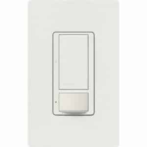 White single-pole dimmer switch with a small LED indicator, Lutron Maestro Switch MS-VPS6M2-DV-WH.