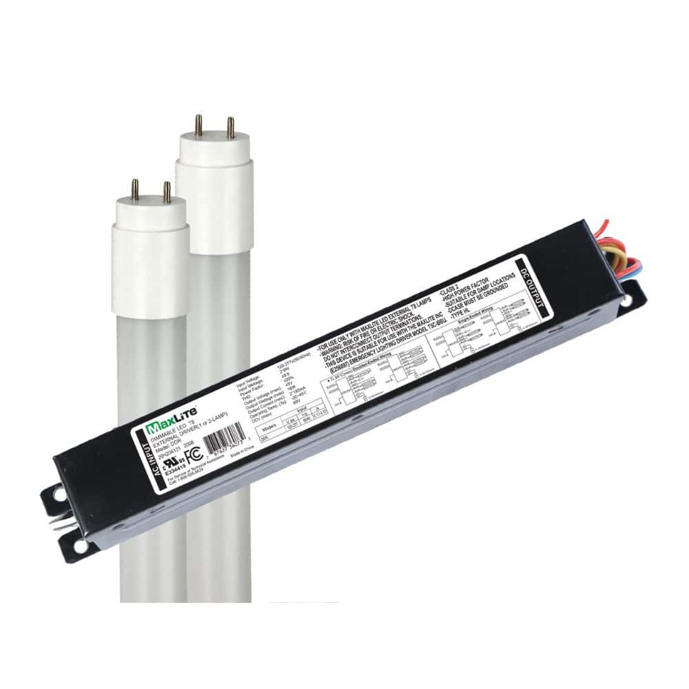 An Maxlite LED T8 L11.5T8EX450 electronic ballast for fluorescent lighting with two T8 sockets.