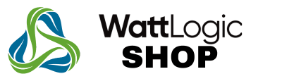 Logo of wattlogic, featuring stylized text next to a graphic with green and blue swirling elements.